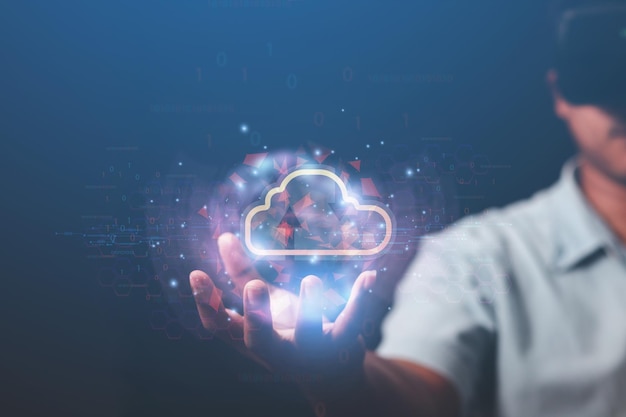 Businessman display online business information in cloud data format to analyze business technology