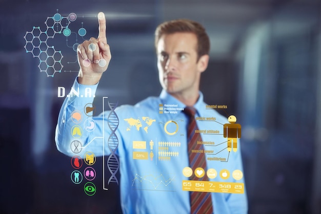 Businessman dna and digital interface for health working and information technology for job Male person planning and brainstorming with internet for corporate company hologram and software