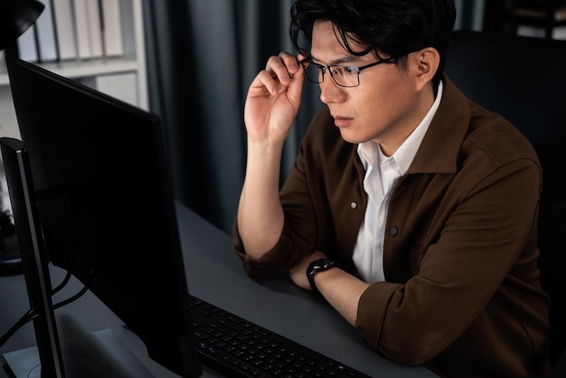 Businessman focusing computer business plan report over late night infobahn