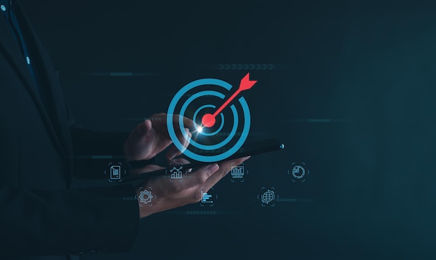 Businessman focusing on target goal icon corporate development global business leadership strategy prospects goals Target strategies for success