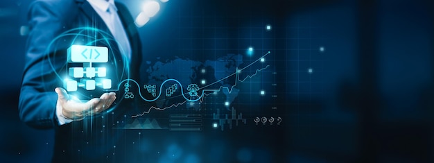 Businessman handholding algorithm development icons with strong network connections