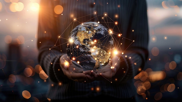 Businessman hold global business globe with network connected to digital marketing strategy