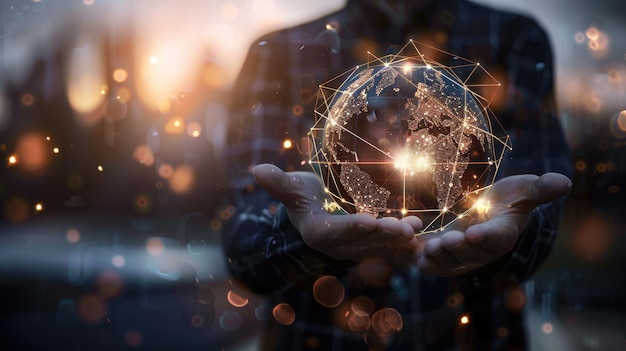 Businessman hold global business globe with network connected to digital marketing strategy