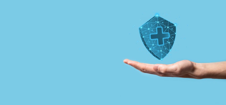 Foto businessman hold shield with plus low polygonal icon, medicine icon.health shield.medical logo template,protection symbol with cross sign, healthcare security label,medical logo,life insurance service