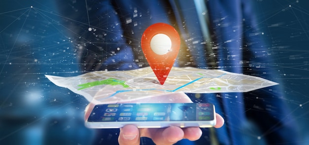 Businessman holding a 3d rendering pin holder on a map