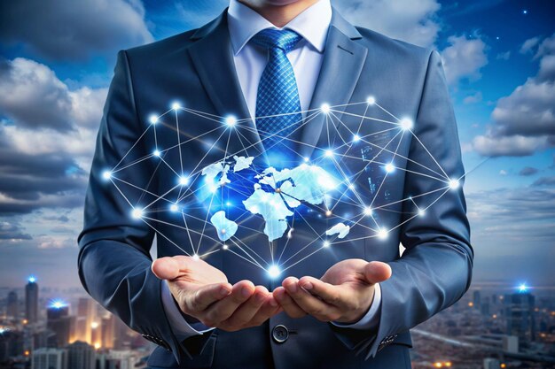 Businessman holding blockchain technology and big data network connecting global network and data exchanges