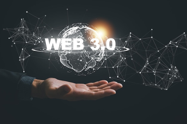 Businessman in a suit personifies the dynamic Web 30 concept underscoring the seamless integration of technology business growth and internet innovation Technology global network web3