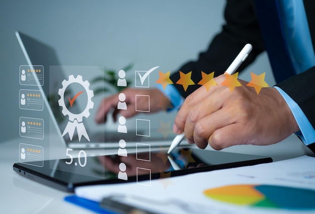 businessman is evaluating customer product service quality and reviewing satisfaction feedback