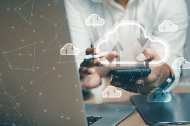 Businessman showing business cloud storage system Business network via wireless internet Industrial online connection