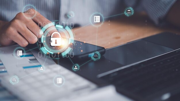 Businessman showing data access protection with key icon safety technology Data protection