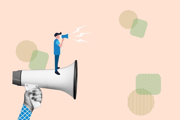 Businessman standing on big megaphone communication message or announcement concept