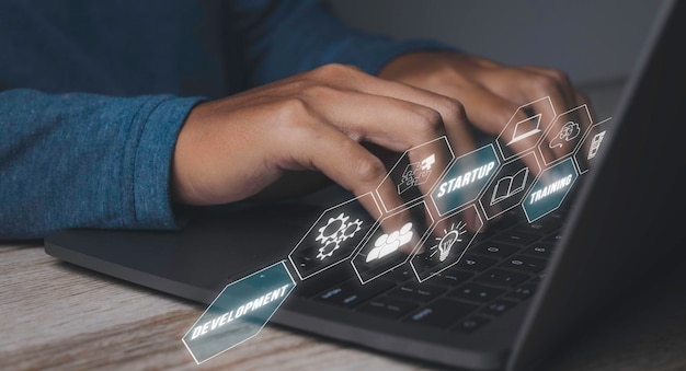 Businessman startup training by computer laptop with icon network connection