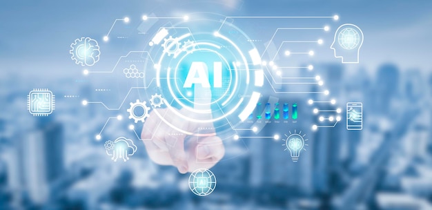businessman touch artificial intelligence aion big data network machine learning and data on the dark background artificial intelligence technology innovation and futuristic big data
