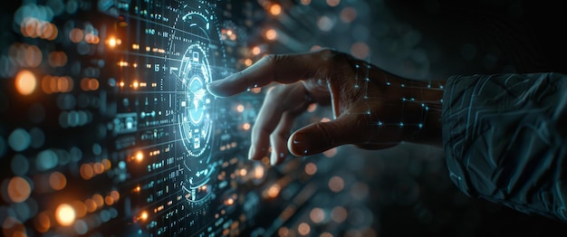 businessman touching futuristic digital interface with advanced technology