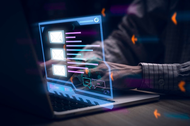 Businessman touching laptop with open email receiving business email news alerts Advertising by sending and customer messaging online digital technology direct selling business reminderx9