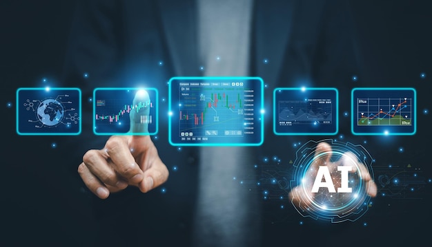 Businessman using ai artificial intelligence analysis for trend trading stock market investment