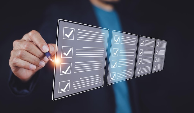 Businessman using computer for DMS documents management and ERP software for Document system managem