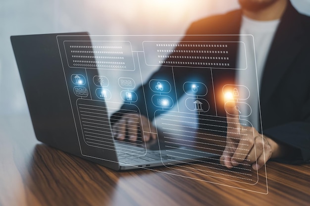 Businessman using software computer check data document on server for documents management concept