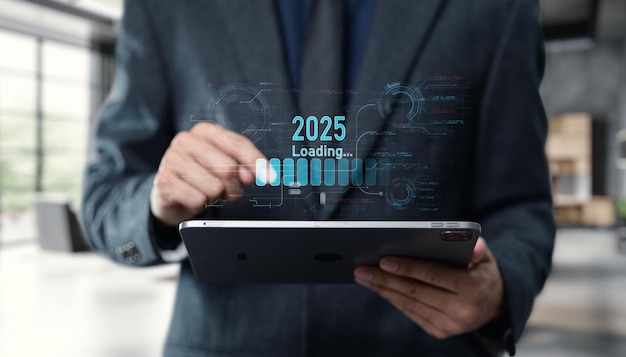 Businessman Using Tablet to Visualize Data Transition in 2025