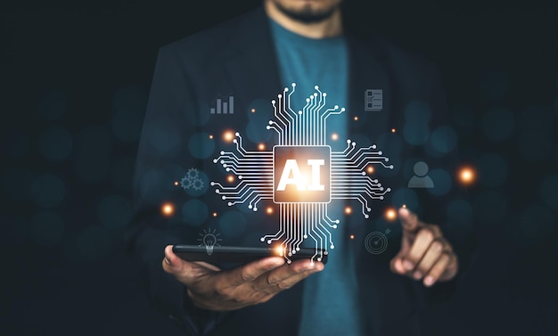 businessman using technology ai concept of artificial intelligence use analytics automation and an autonomous brain big data management computer connection information