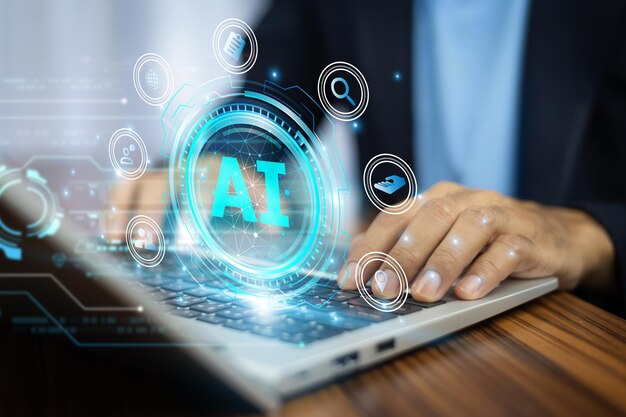 Businessman using technology Ai concept of artificial intelligence use analytics automation and an autonomous brain big data management computer connection information