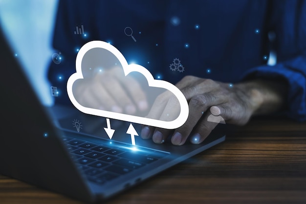 Businessman utilize AI technology and cloud computing for efficient management of data enhancing decisionmaking streamlining operations and fostering innovation within the organization