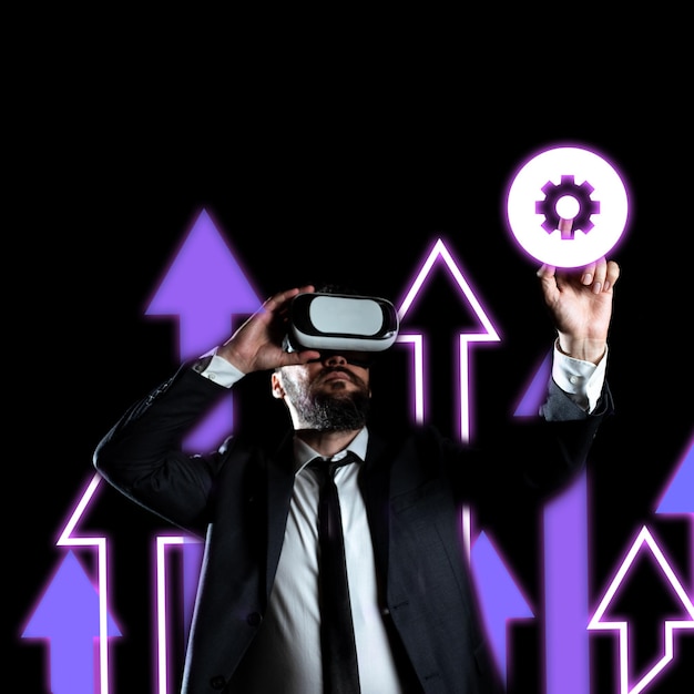 Businessman Wearing Vr Glasses And Pointing On Important Messages With One Finger Man Having Virtual Reality Eyeglasses And Showing Crutial Informations