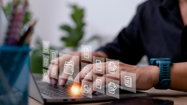 Businessman with Document Management System DMS Online Document Database and automated processes in file management Search and manage document database files online