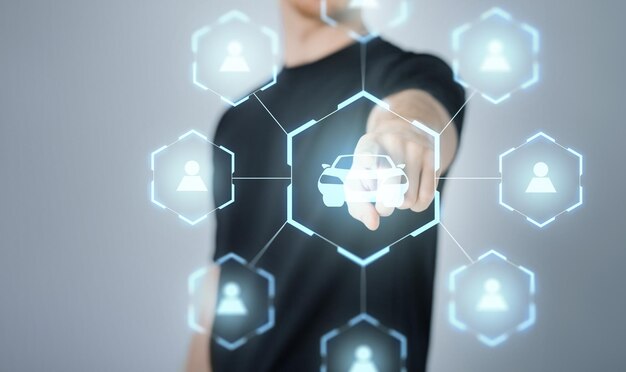 businessman with virual hologram of car sharing
