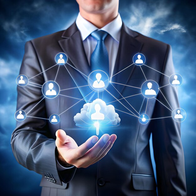 Businessman working financial trading and digital marketing with a cloud computing on modern virtual interface cyber security innovation and technology on dark background