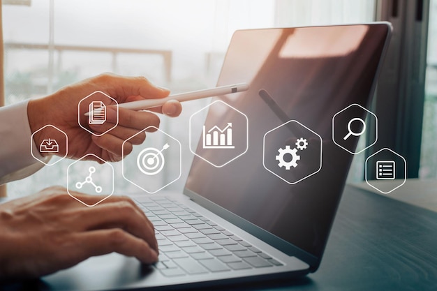 businessman working remotely at office modern interface payments online shopping and icon customer network connection