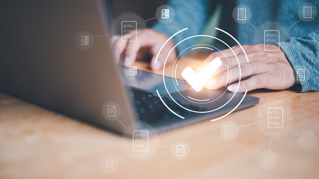 Businessmen reviewing procedures through virtual online documents concepts on
