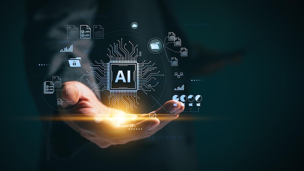 Businesspeople employ artificial intelligence AI in document management systems online documentation databases and digital file storage systems or software to efficiently archive firm data