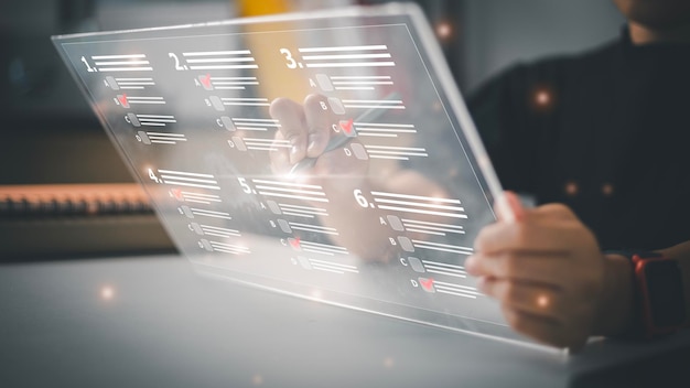 Businesswomen tick mark an assessment questionnaire evaluation online survey online exam choose the right answer in the exam filling out an online survey form Answer the test questions concept