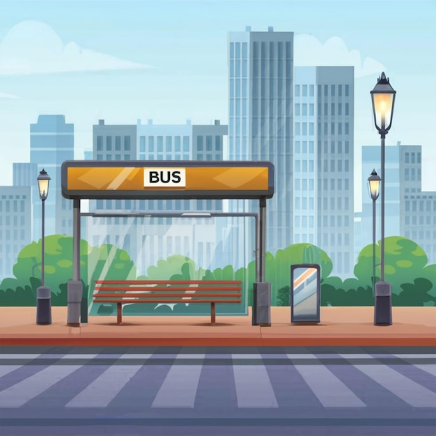 Busstation med stadsgata som bakgrund