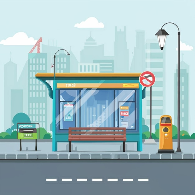 Busstation med stadsgata som bakgrund