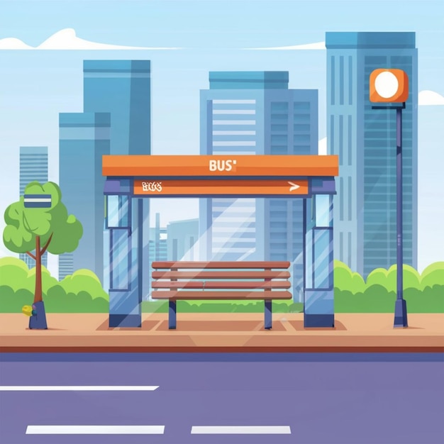 Busstation med stadsgata som bakgrund
