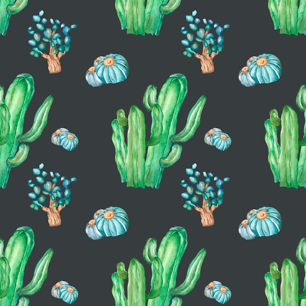 cacti watercolor illustration seamless pattern on dark background green succulent plants of desert