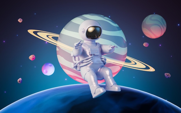 Cartoon astronaut med ydre rumbaggrund 3D-rendering