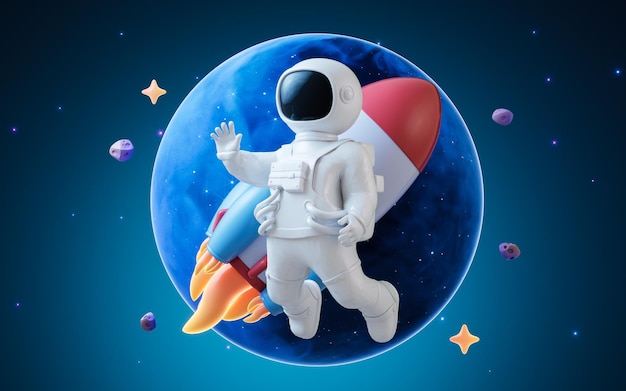 Cartoon astronaut med ydre rumbaggrund 3D-rendering