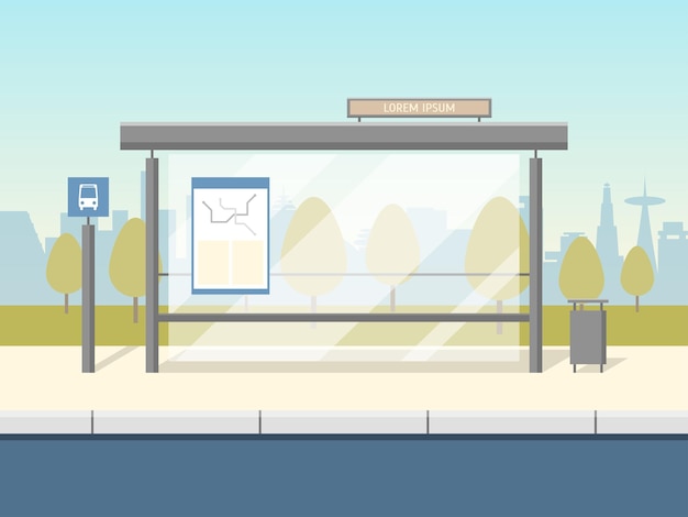 Cartoon Bus Stop Card Poster Concept Scene Element Flat Design Style Vector illustration of Public Transport in City