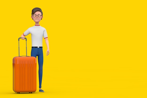 cartoon character person man with orange travel suitcase 3d rendering