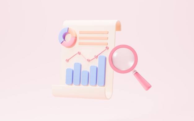 Cartoon financial data report line chart pie data analysis report 3d rendering