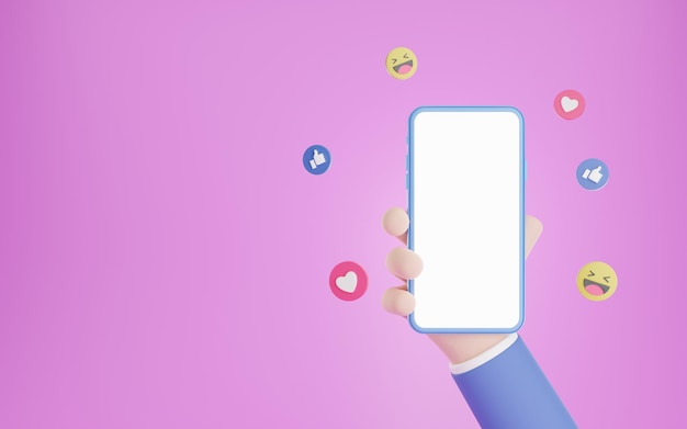 cartoon hand holding a blank screen phone social media concept with various icons 3d rendering.