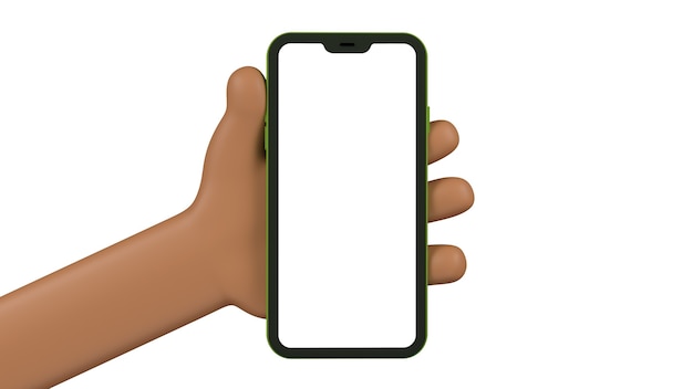 Cartoon hand holding a cell phone from the front. Blank screen to place an image of your application or web. Objects isolated on white wall. 3D.