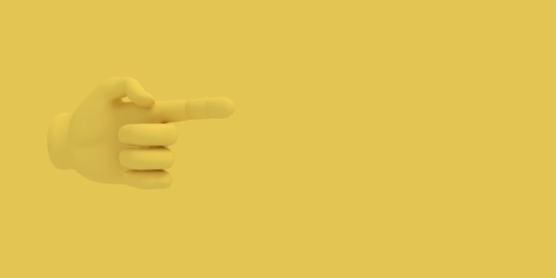 cartoon hand with index finger illustration on yellow color background 3d-rendering
