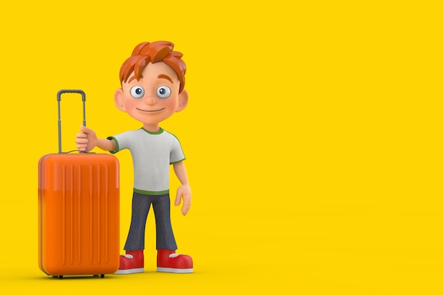 cartoon little boy teen person character mascot with orange travel suitcase 3d rendering