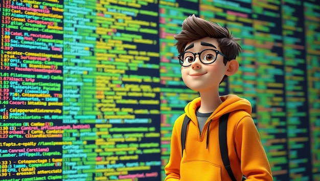 Cartoon Programmer with Code Background