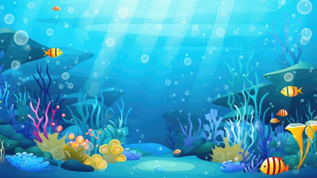 Cartoon sea lively underwater world awash with color and life bathed in sunbeams