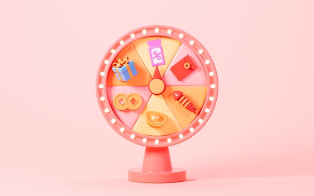 Cartoon spinning fortune wheel gift red envelopes discount coupon and so on fortune spinning wheel for promotion events 3d rendering